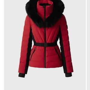 Women's Red and Black Quilted Jacket with Faux Fur Collar Mackage
